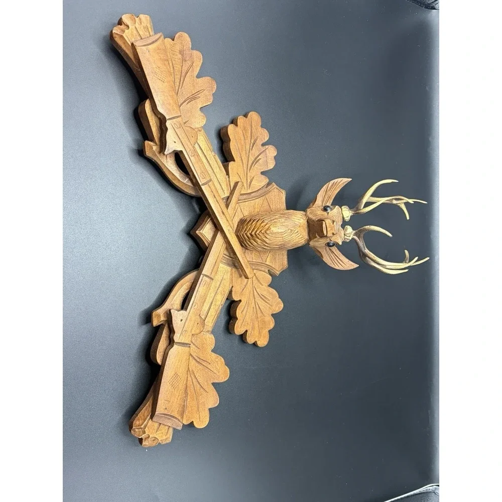 Vintage German Cuckoo Clock Wood Deer Head w/ Horns Guns Topper Rustic Log Cabin